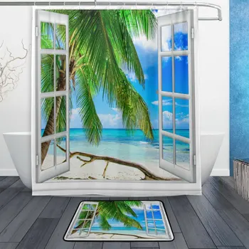 

Beach Ocean Theme Shower Curtain and Mat Set, Tropical Palm Tree White Window Waterproof Fabric Bathroom Curtain