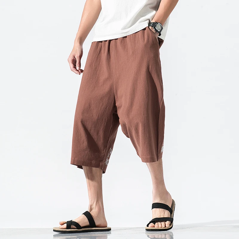 Chinesischen Stil Männer Lose Baumwolle Leinen Stickerei Kalb-Länge Hosen Männlichen Streetwear Gerade Beiläufige Breite Bein Hosen Strand Hose