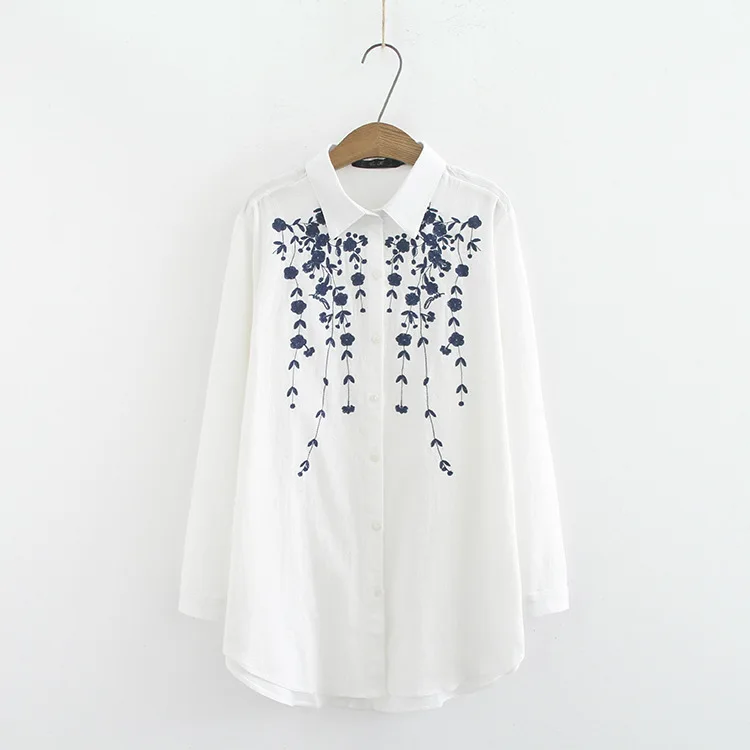 Женские блузки размера плюс, осенняя зимняя одежда, повседневная модная свободная хлопковая рубашка с длинным рукавом и вышивкой, K7-124 - Цвет: Белый