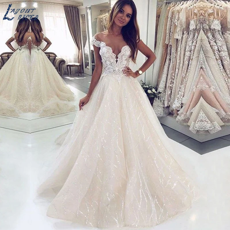 ZL1046 New Sexy Cap Sleeves Backless Lace Sequins Tulle Wedding Dresses Bridal Gown Celebrity vestido De Noiva robe de mariee