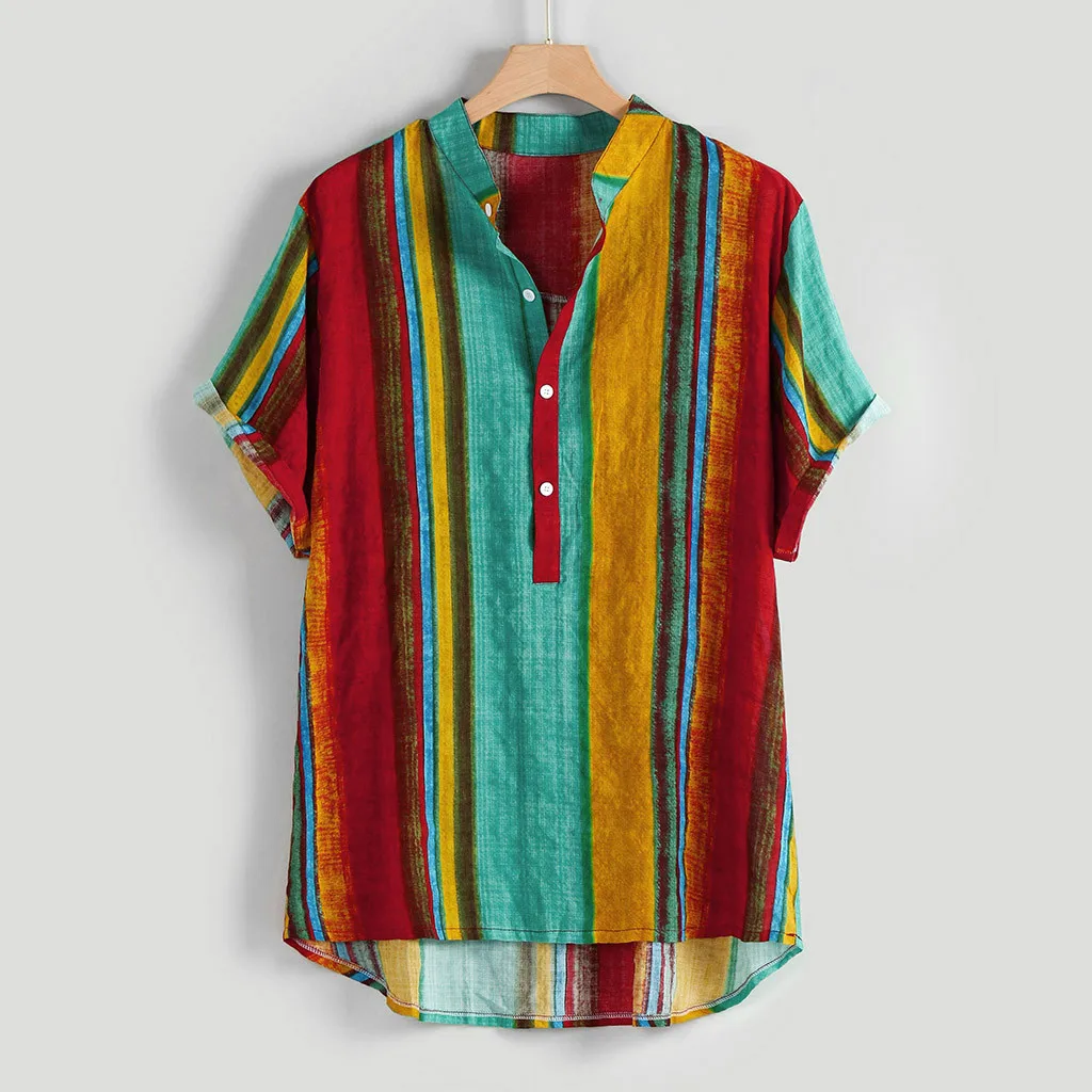 

Hawaiian Shirt Blouse Shirt Men Summer Rainbow Striped Pullover Short Sleeve Retro Casual Shirt Off White Vintage Camisas Hombre