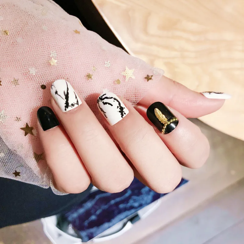 

24pcs Black False Nail Short Full Cover Nail Tips Pre-design Fake Nail Acrylic Manicure Beauty Tools For Ladies#