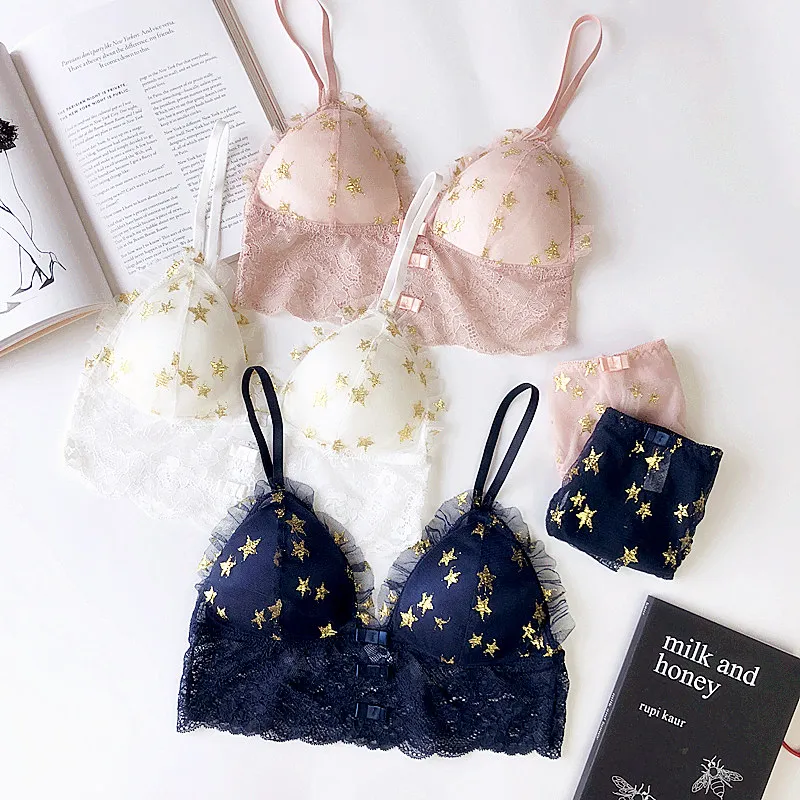 

Lae cup triangle bralette with pad transparent panties young ladies sleepwear girls star bow underwear sets sexy women lingerie