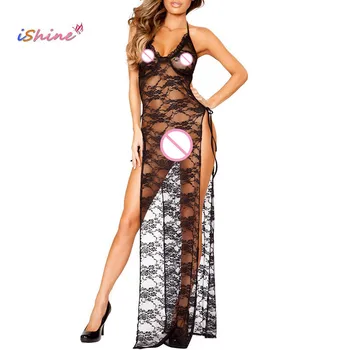 

2020 New Arrival Sexy lingerie Lace Floral Halter High Split Maxi Dress Teddy Babydoll Erotic Costumes women Deep V sleepwear
