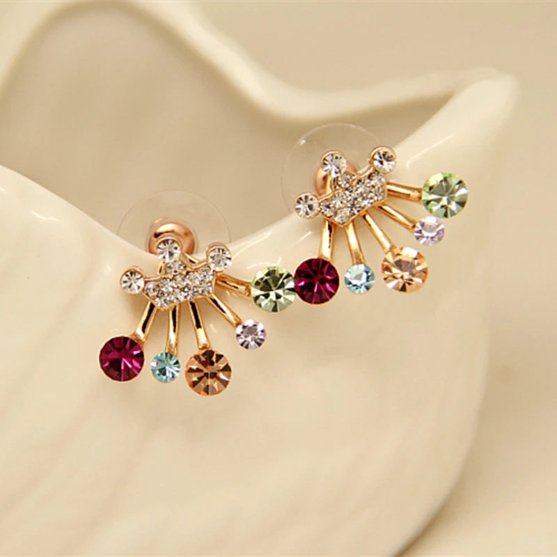 

E0108 Fashion Jewelry Shining Red Green Crystal Rhinestone Stud Earrings Gold Color Crown Stud Earrings For Women Exquisite Gift