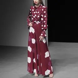 Новинка, весна-лето 2019, модная блузка с длинными рукавами в стиле ретро + элегантные широкие длинные брюки, костюм
