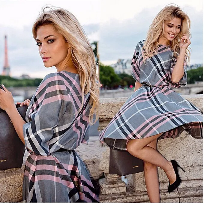 Buy Cheap tumn 2017 new fashion women plaid print dress casual o-neck half sleeve tunic vintage dresses plus size