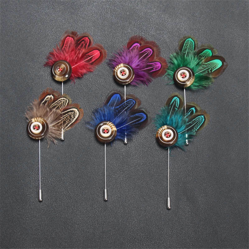 

Wholesale Brooch 5Pcs/Lot Feather Men Brooches And Pins For Suits Colorful Brooch Lapel Pin Men
