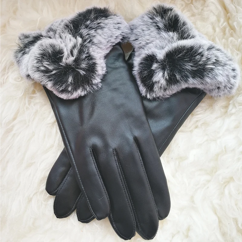 Leather Gloves Female Winter Plus Velvet Fashion Keep Warm Driving PU Leather Touchscreen Gloves For Woman Free Size PL023PC woman s real leather gloves autumn winter plus velvet thicken warm driving suede sheepskin gloves female te3328