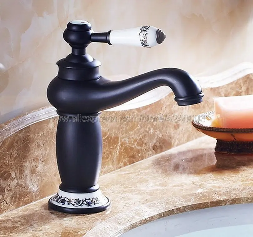 

Oil Rubbed Bronze Basin Faucets Deck Mounted Single Ceramic Handle Bathroom Basin Mixer Tap Hot and Cold Water Tap Knf504