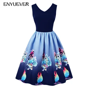 

Enyuever Summer Dresses Casual Plus Size Clothes Sleeveless Retro Music Note Bird Print Robe Pin Up Tunic Vestido Vintage Dress