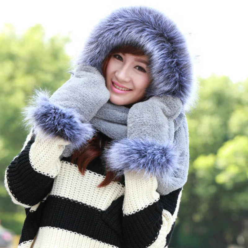 

NSH004 Warm Thick Winter Hat for Women Solid Plain Ladies Faux Fur Earflap Cap Hat Female Winter Set Women Scarf Hat Gloves Sets