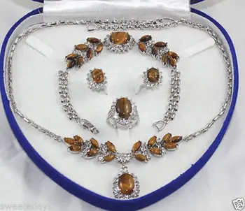 

Rare Tiger's Eye Necklace Bracelet Earring Ring Set ^^^@^18K GP style Fine jewe Noble Natural jade