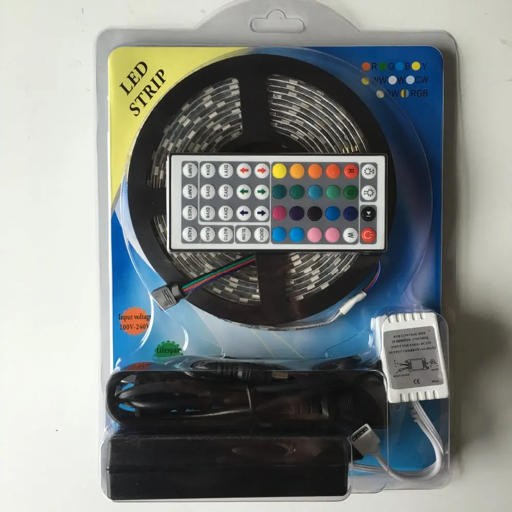 

5M RGB Led Strips 5050 Flexible Waterproof+24 or 44 Key RF Dimmable Remote Controller+AC110/220V DC 12V 2A adapter colored light