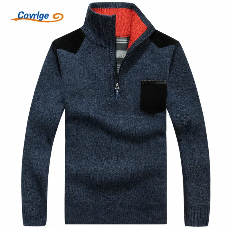 Covrlge зимний мужской свитер плюс вельветовый плотный теплый мужской свитер с высоким воротом для мужчин Модный пуловер на молнии MZM025