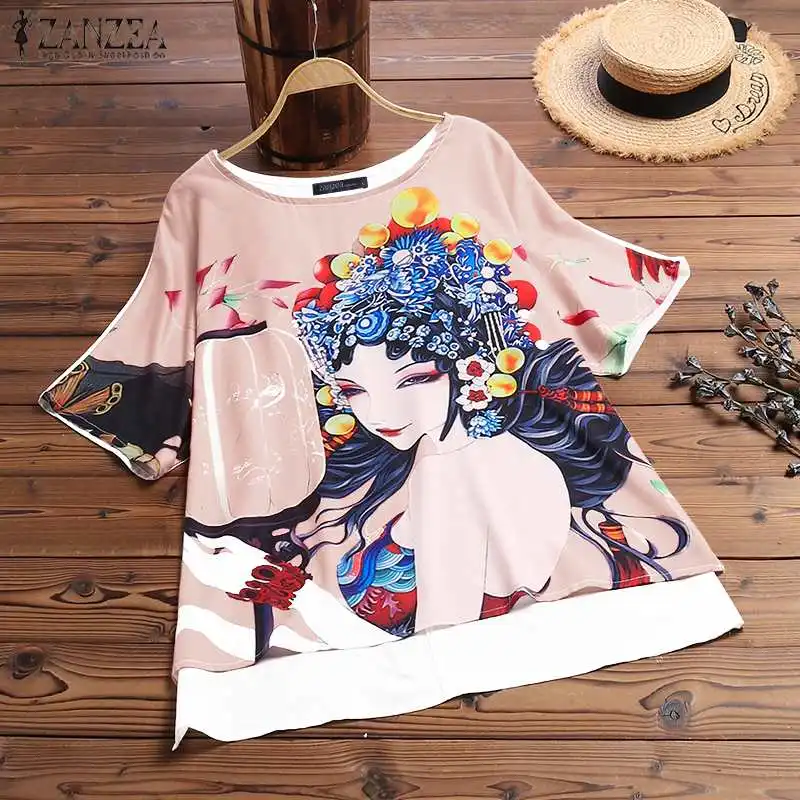

2019 ZANZEA Women Chinese Style Printed Blouse Summer Vintage Opera Mask Shirt Casual Short Sleeve Tunic Top Female Loose Blusas