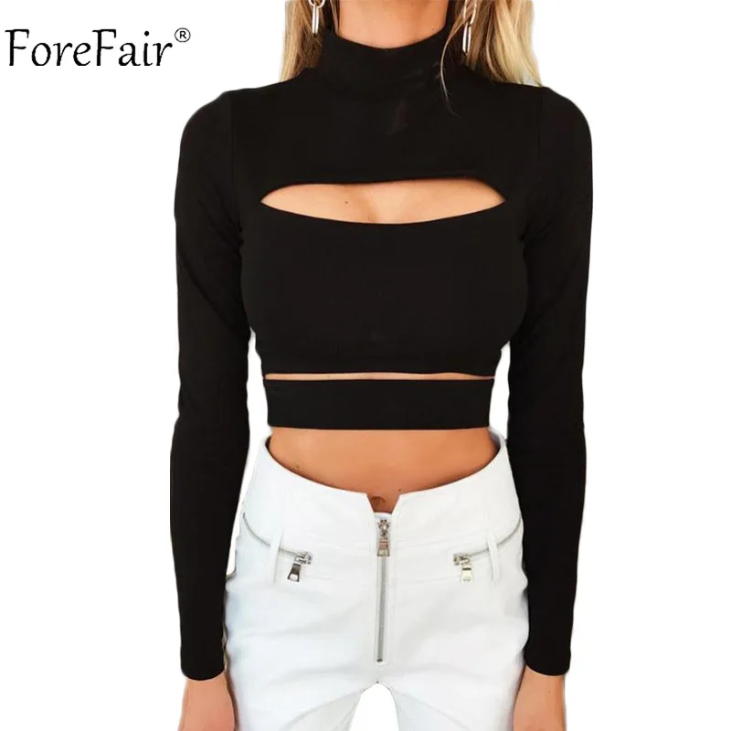 Forefair Turtleneck Cut Out Sexy Crop Top Women Autumn 2018 Cropped Top White Black Winter Long Sleeve Shirt Women