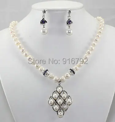 

free shipping >>>>>charming 8MM white pearl purple crystal earrings necklace jewelry set