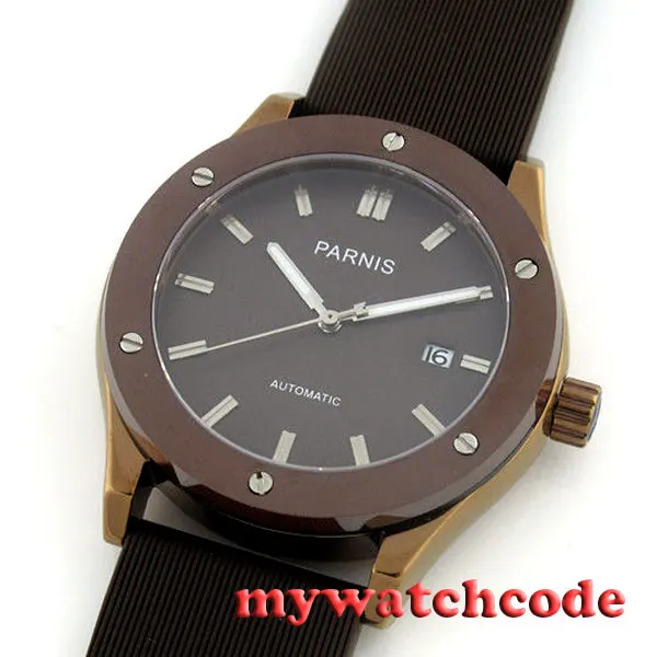 

43mm Parnis coffee dial date window ST automatic rubber mens wristwatch 467