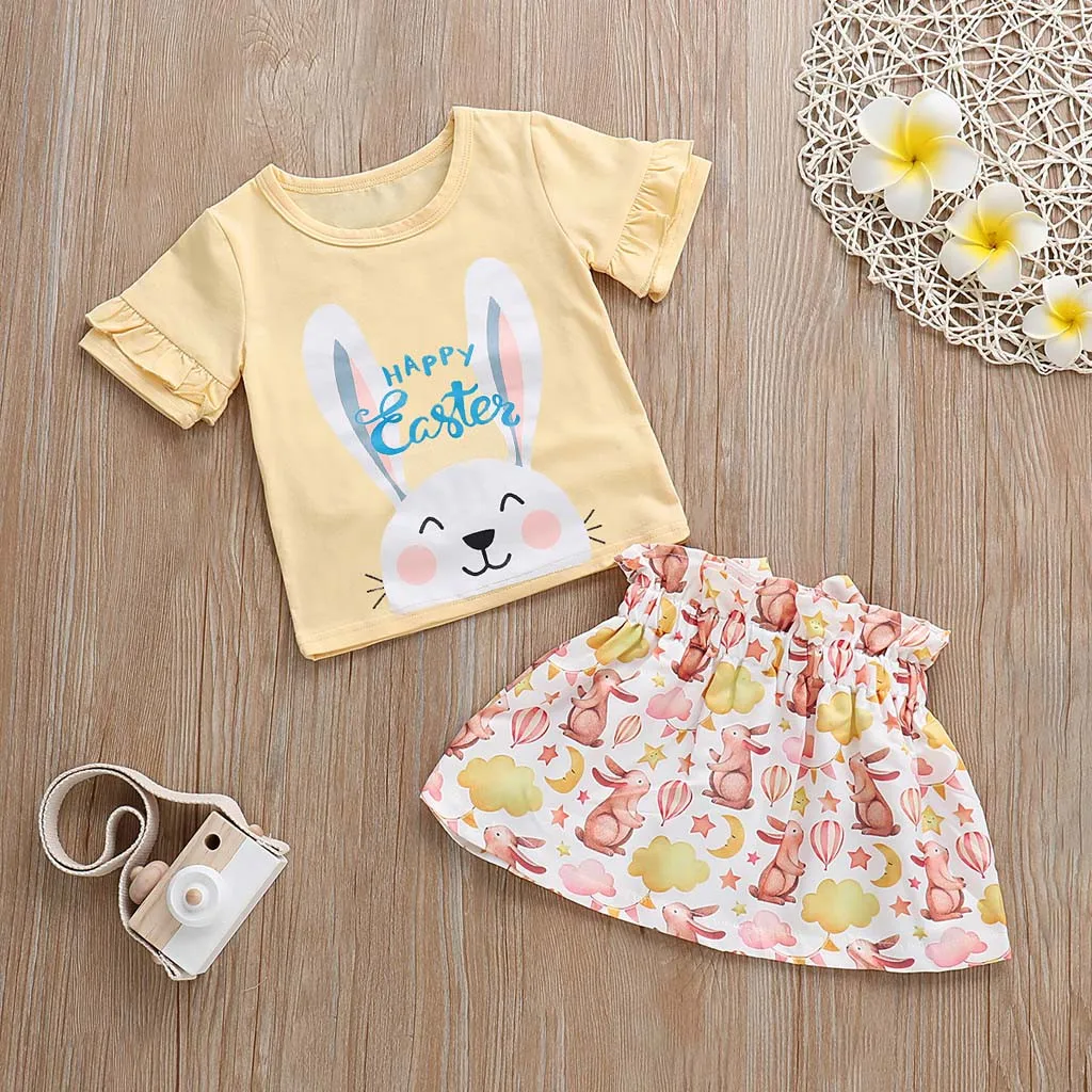 

Toddler Infant Baby Girls Letter Easter Rabbit Ruffles Tops Skirt Outfits Set Sweet Summer Princess Clothes Roupa Menina