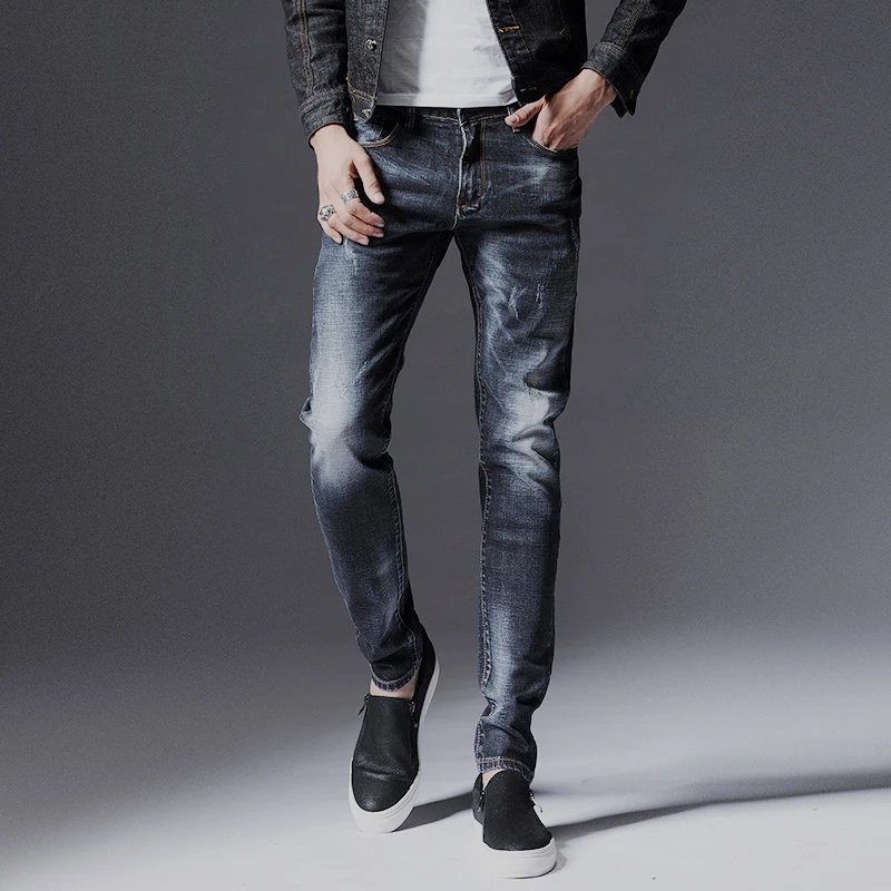 

new autumn winter Black jeans Black grey Elastic force Pencil Pants Middle-waisted Youth fashion Brand men trousers