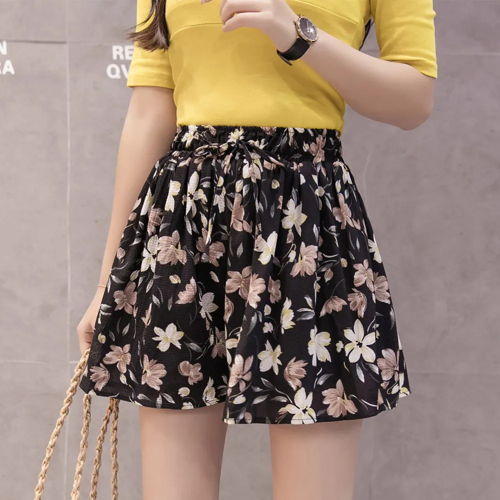 4XL Plus Size Chiffon Shorts Striped High Waisted Wide Leg Summer Short Floral Print Boho Female Casual Skirt Shorts Women - Цвет: Small black flower