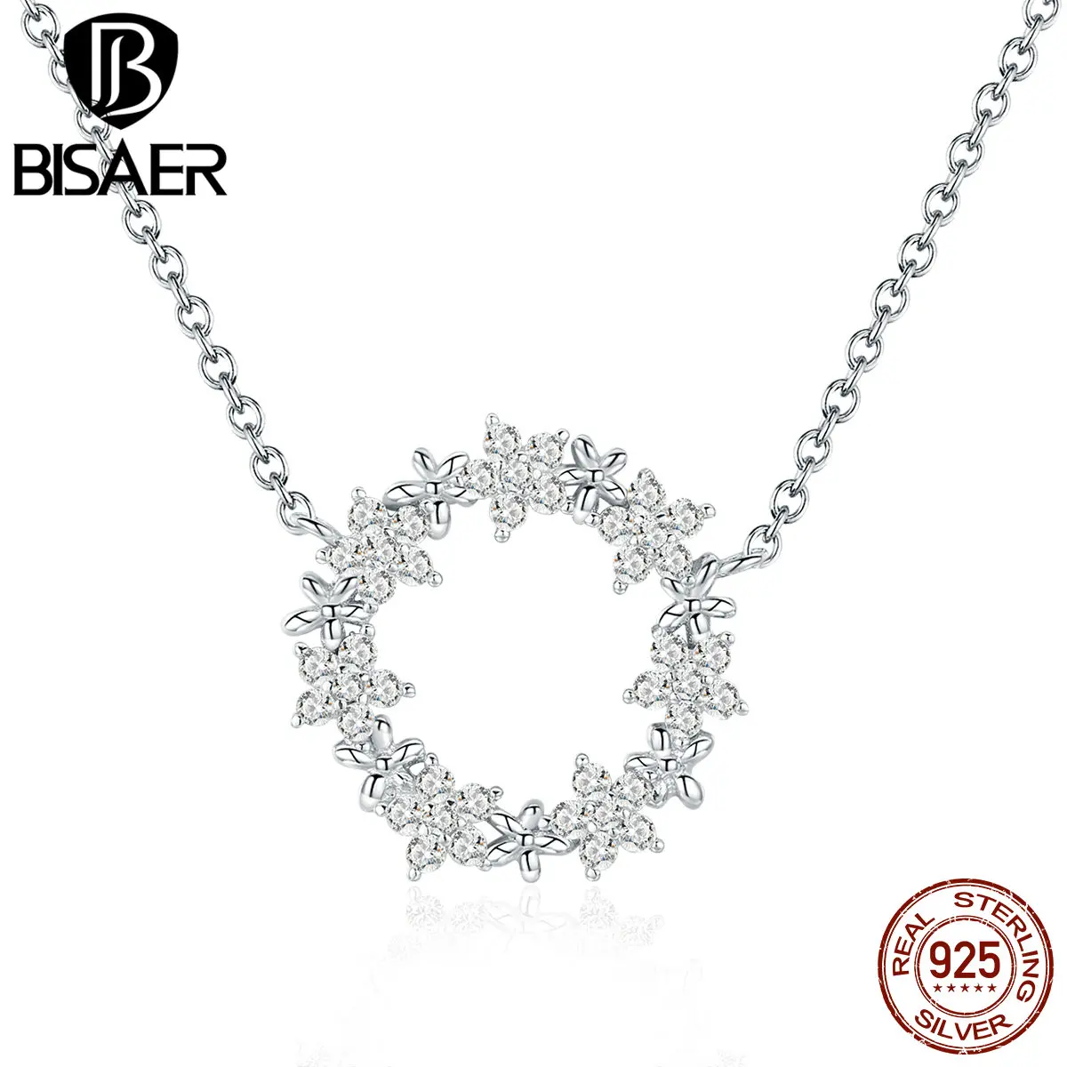 

BISAER 925 Sterling Silver Shining Clear CZ Gypsophila Flower Choker Necklace Women Chain Necklaces 2019 New Moda GAN028