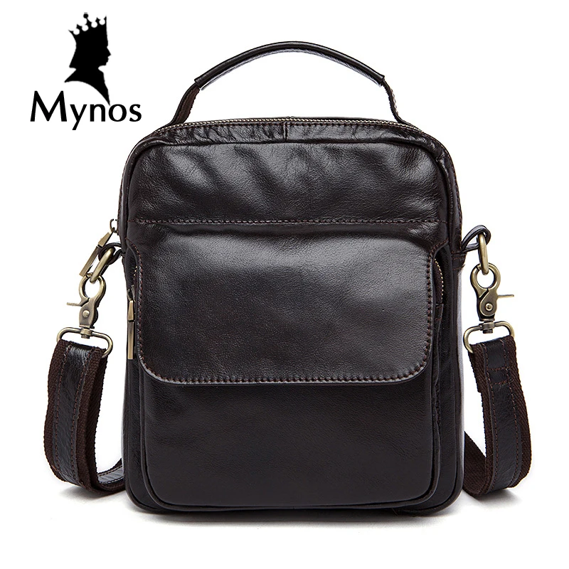 ФОТО MYNOS High Quality Genuine Leather Vintage Crossbody Bag For Men Small Travel Leisure Handbags Bolsas Male Shoulder Bag For Men
