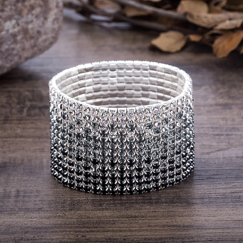 12 Rows Crystal Stretch Bangles Bracelet for Women Black Gray and Clear