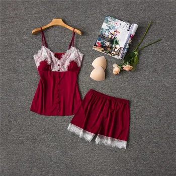 

Herislim Summer Pajamas For Women Sleepwear Satin Cami Top And Shorts 2Pcs Pyjamas Sexy Sleeveless Lace Pajama Sets Home Clothes