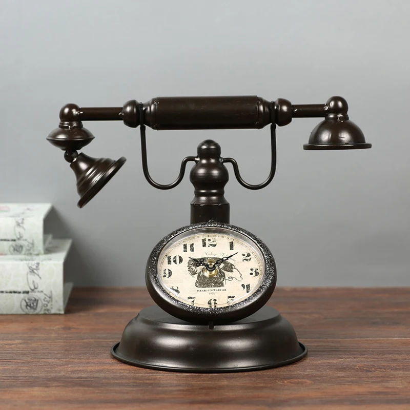 Retro Wrought iron Telephone Model Clock sitting room Desk Table Clocks