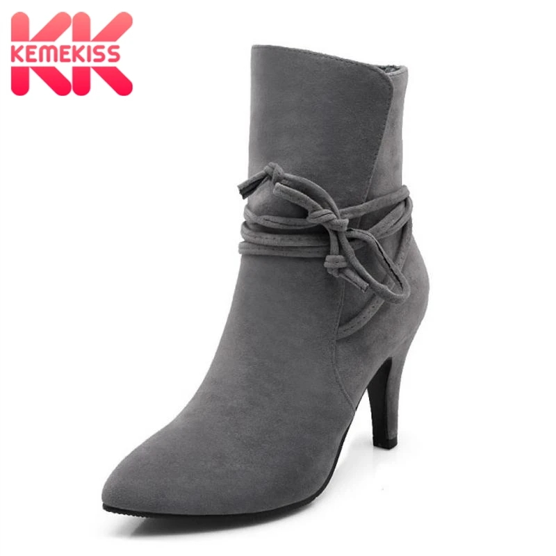

KemeKiss Size 33-43 Women Ankle Boots High Heels Winter Warm Fur Shoes Woman Cross Lace Up Sexy Boots Mature Fashion Footwear