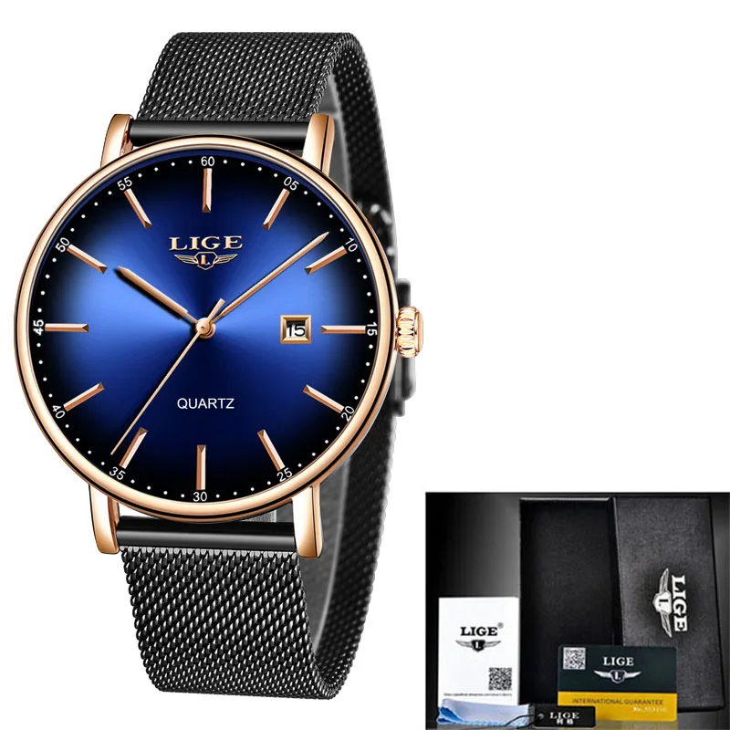 Rose gold blue LIGE, женские часы, Лидирующий бренд, Роскошные, для девушек, с сетчатым ремешком, ультра-тонкие часы, нержавеющая сталь, водонепроницаемые часы, кварцевые часы, Reloj Mujer - Цвет: Rose gold blue