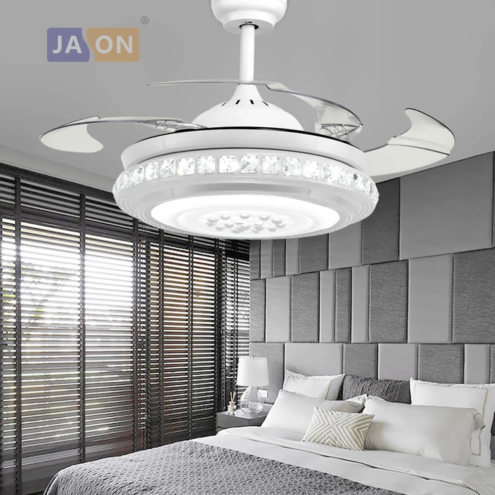Led Modern Alloy Crystal Acryl Abs White Ceiling Fan Led Lamp Led