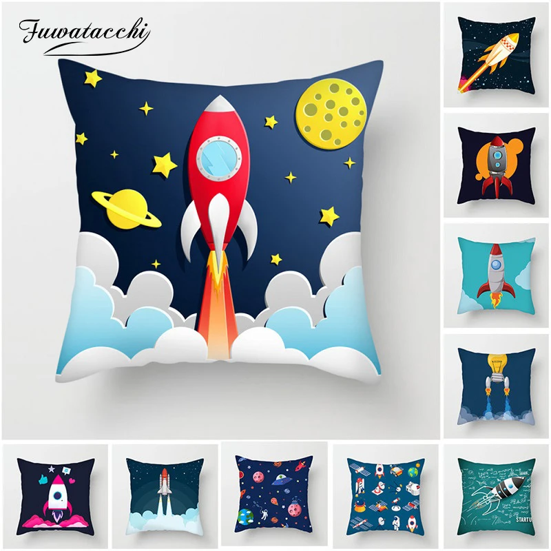 

Fuwatacchi Cartoon Spacecraft Cushion Cover Astronaut Rocket Pillow Cover for Home Chair Outer Space Decorative Pillows 45*45cm