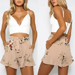 Модная шифоновая женские повязки Boho Повседневное цветочный пляжные брюки Высокая Талия Короткие брюки женские лето