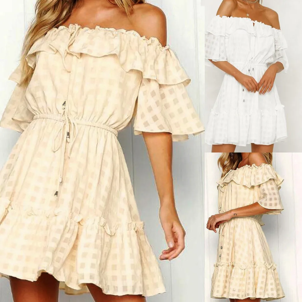 

New Arrival Fashion 2018 Summer Women Causal Polyester Sexy Ruffle Sleeve Mini Dress Evening Party Dress For BeachHighQuality#35