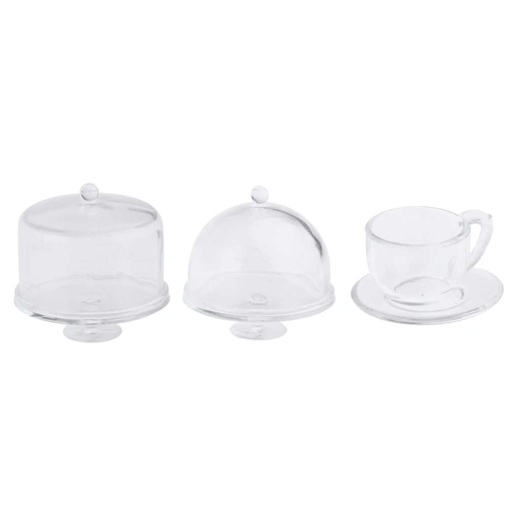 3pcs 1:12 Mini Acrylic Cake Display Plate with Cover Creative Decoration for Wedding Birthday Party