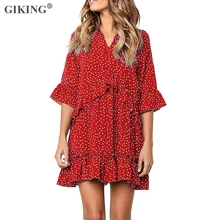 GIKING Summer Chiffon Dress For Women Polka Dot Dress Sexy V-neck Loose Mini Party Dress Half Sleeve Ruffles Boho Red Vestidos GIKING Summer Chiffon Dress For Women Polka Dot Dress Sexy V-neck Loose Mini Party Dress Half Sleeve Ruffles Boho Red Vestidos