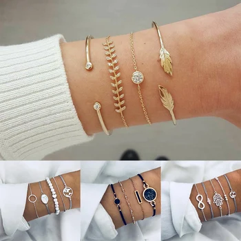 

1Set Bracelets Set Golden Heart Earth Map 8 Colors Beads 2020 New Arrival Boho Oval Stone Infinite Shell Adjustable Alloy