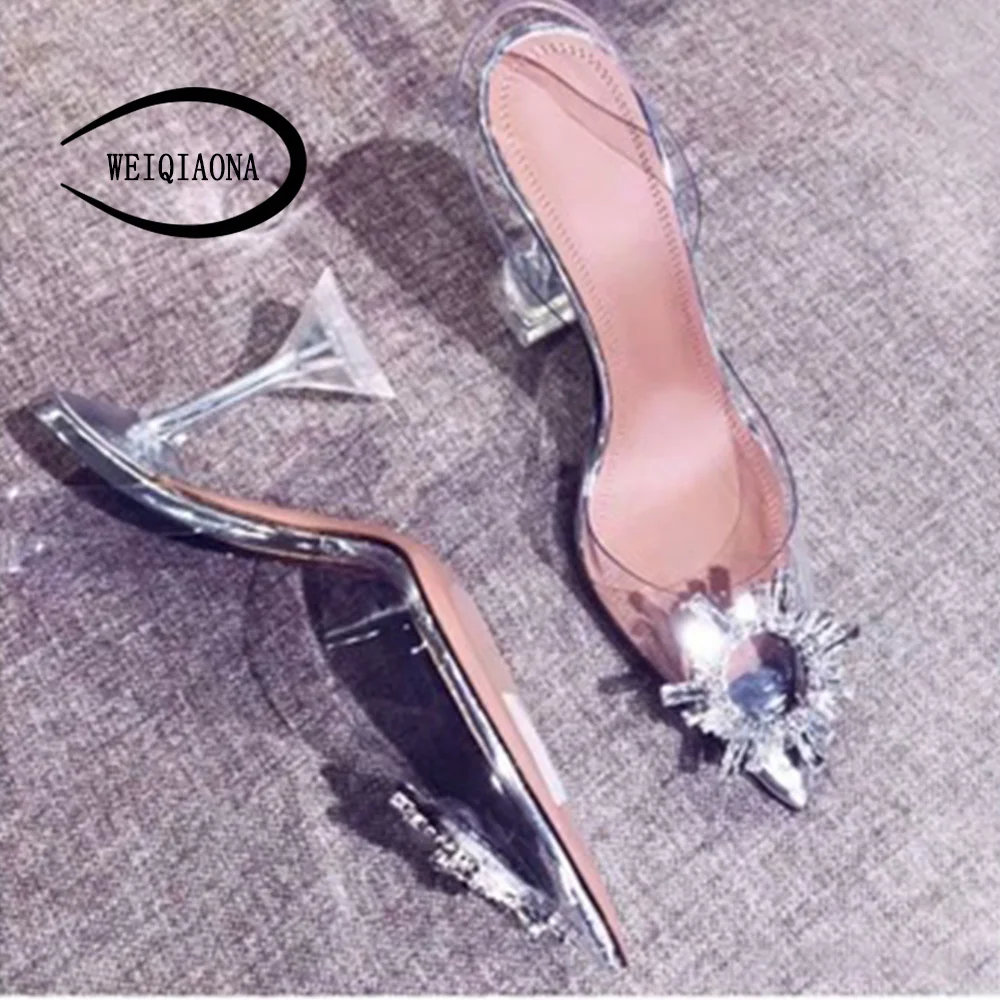 WEIQIAONA sexy Pointed ankle strap woman Fashion crystal shoes Rough with high heels transparent ladies high heel Wedding Sandal