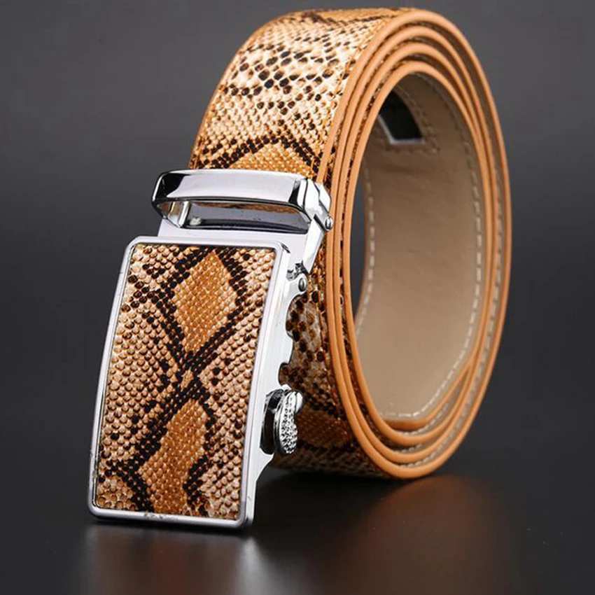 

Snakeskin Pattern Belts for Men Genuine Leather Snake Belt Automatic Buckle Free Cowboy Jeans Brand Luxury Strap Mens Male