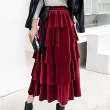 Осень зима золото бархат длинные плиссированные для женщин высокая талия торт юбка тонкий