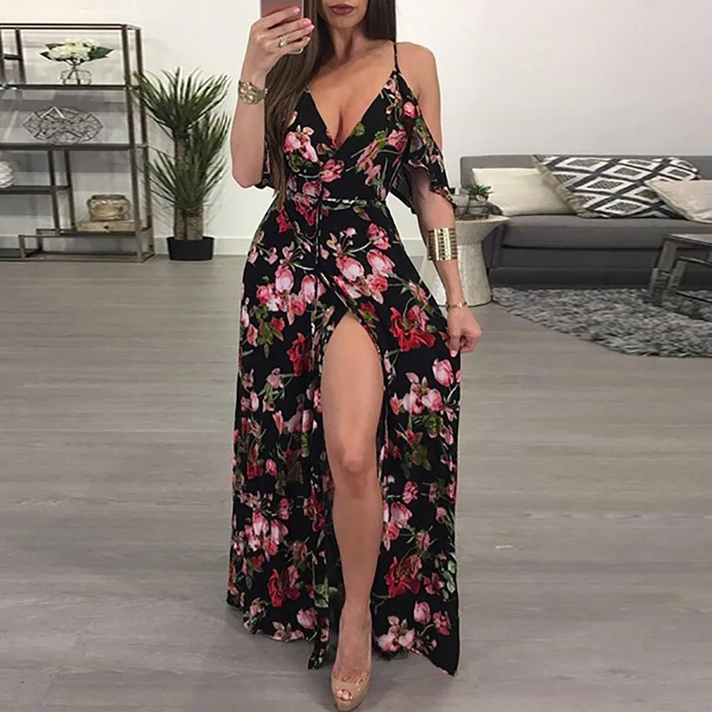 

Fashion Women V Neck Summer Dress Casual Lady Bohemia Floral Printed Dress