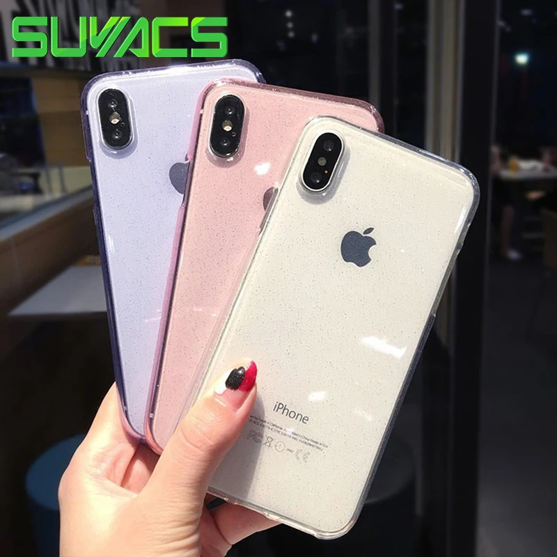 

SUYACS Transparent Glitter Phone Case For iPhone XS MAX XR 6 6S 7 8 Plus X TPU Soft Protective Phone Back Cover Case Coque