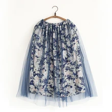 Весна Для женщин юбка с цветочным принтом эластичные Высокая Талия шифон плиссированные Элегантный чисто для дамы середины икры сетка Юбки для женщин