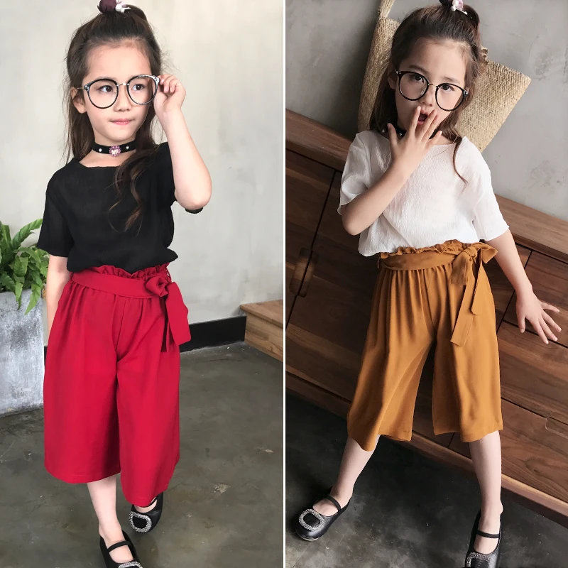 

Girls Sets Clothing 2017 Summer Girl Fashion Casual Chiffon Short Sleeves T-Shirt  Set +Children Wide Leg Pants Clothes Suits