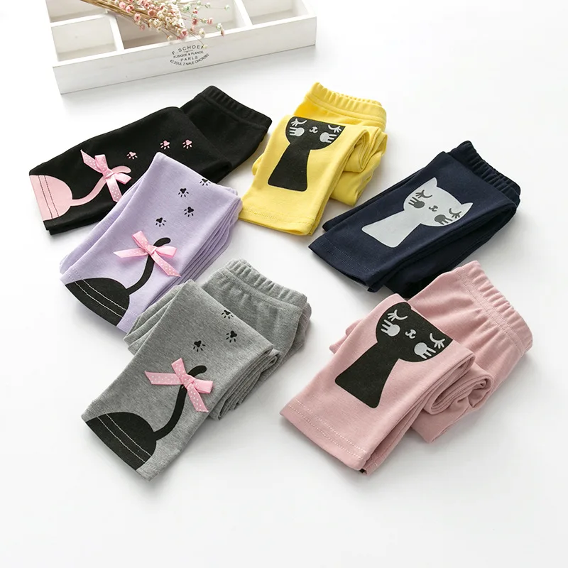 Новые осенне-весенние леггинсы, штаны для маленьких девочек, детские штаны ярких цветов с милым котом и бантом, леггинсы