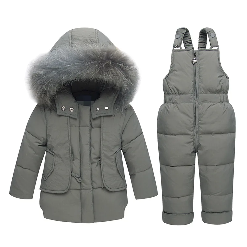 

2018 Fashion Sport Winter Down Set Children Clothes Girl Boy Outdoor Fur Down Coats Jackets+trousers/Jumpsuit Baby 2pcs Suit
