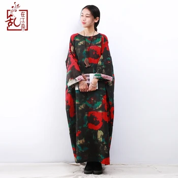 

2018 Spring Maxi Dress Plus Size Women Dress Long Sleeve O-neck Vintage Flower Print Robe Cotton Linen Long Dresses Ethnic Cloth